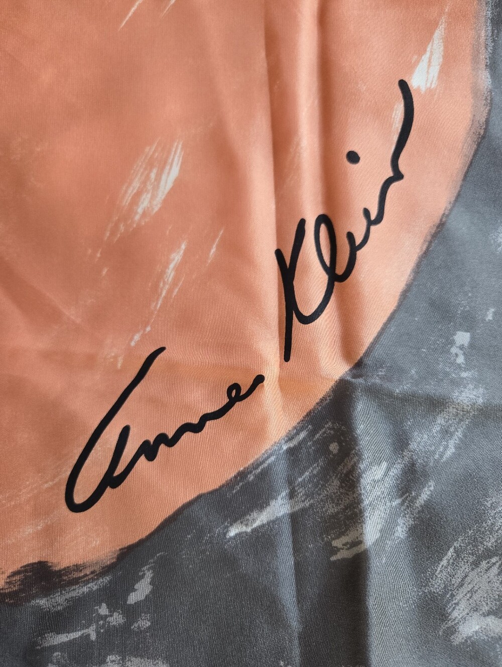 Rare Anne Klein Coral and Gray Signature Silk Scarf